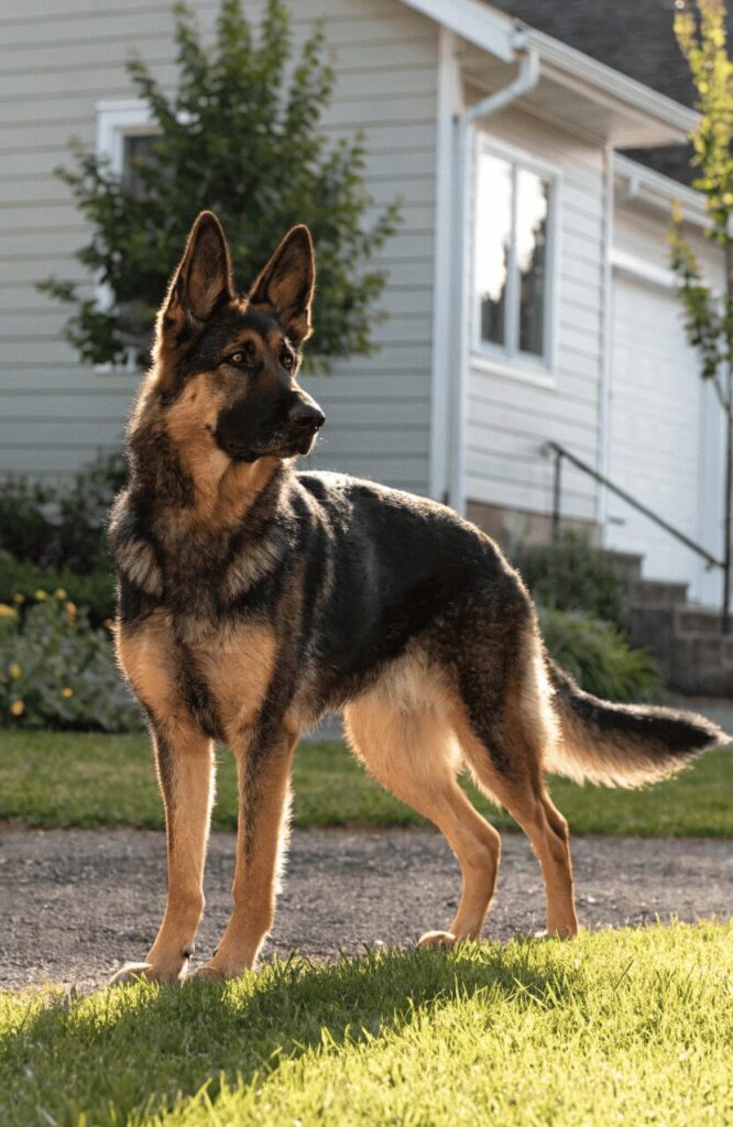 German Shepherd standing guard at a family property