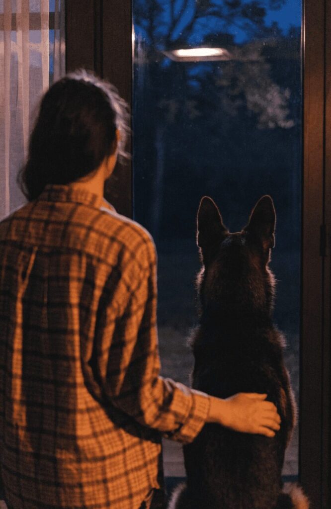 German Shepherd alert beside a woman at a glass door at night showing home protection instinct