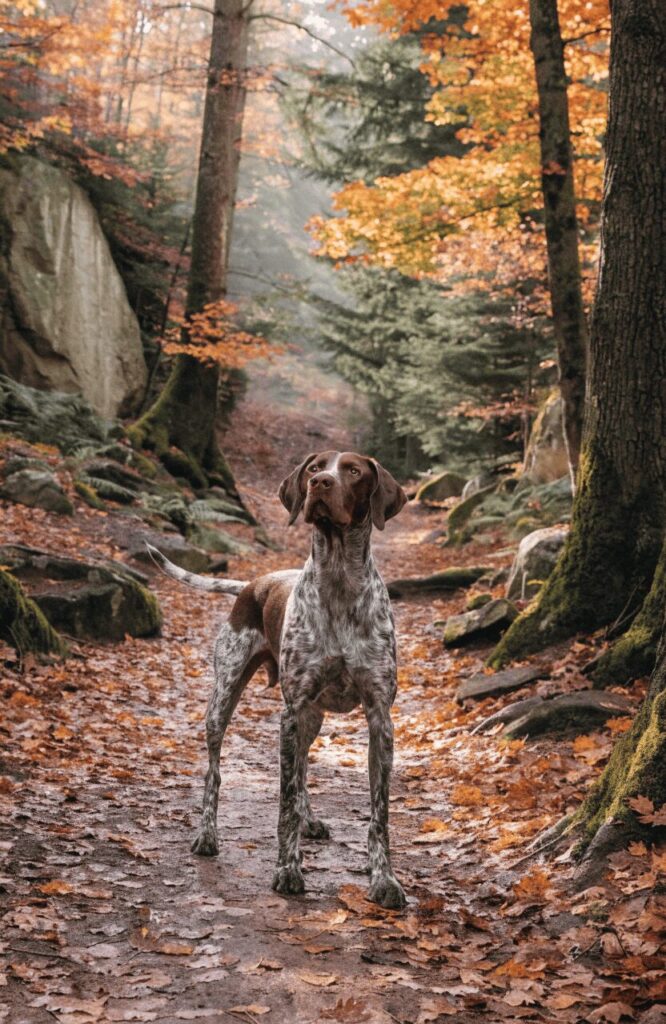 German Shorthaired Pointer on a forest trail showcasing versatility as one of the best hiking dogs for any terrain