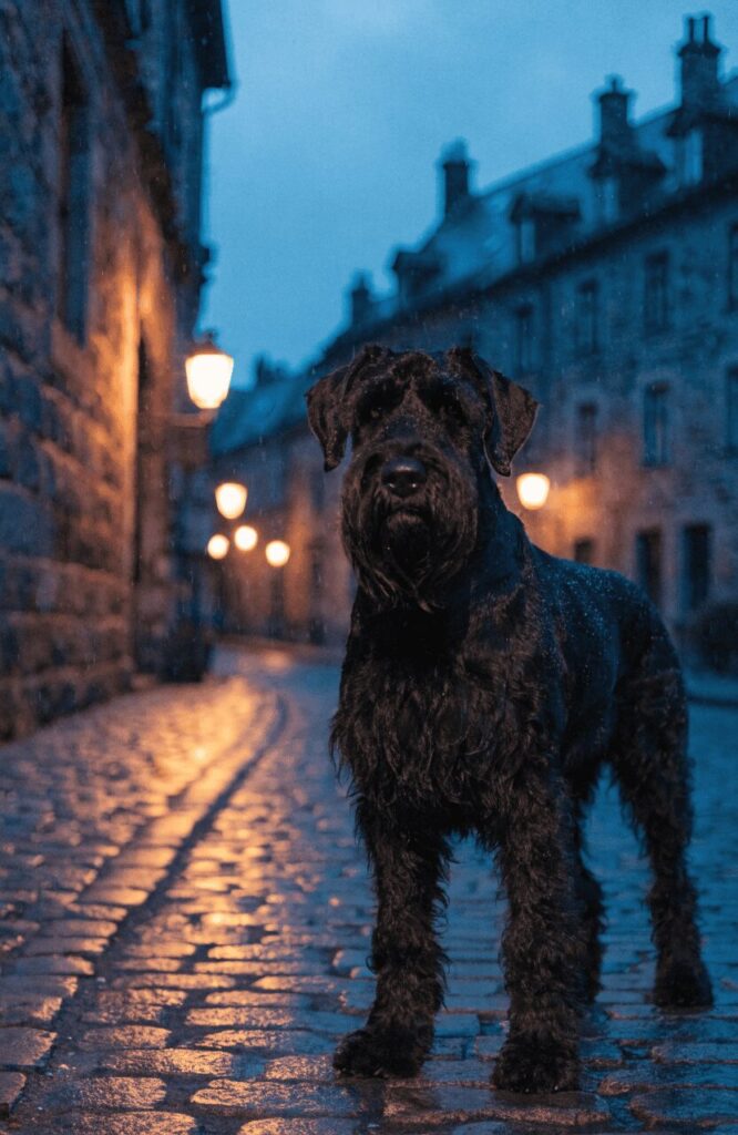 Giant Schnauzer standing alert on historic cobblestone street
