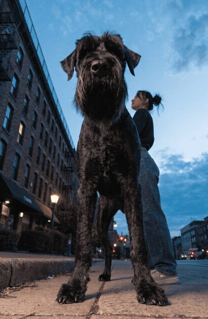 Giant Schnauzer commanding the sidewalk at dusk beside a woman showing underestimated guard dog power