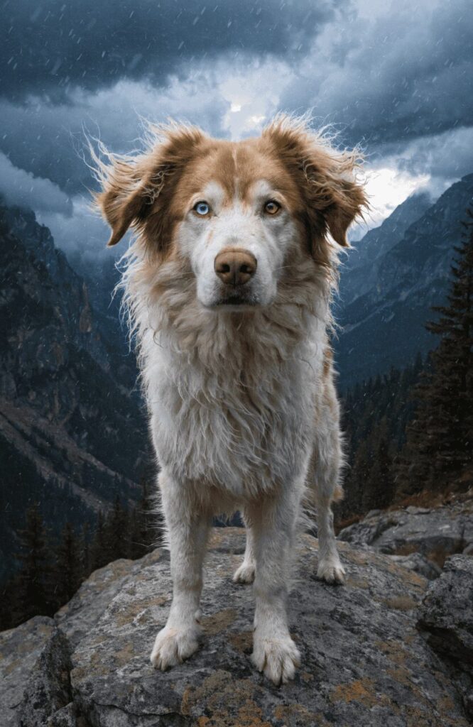 Goberian Husky Golden mix in wilderness