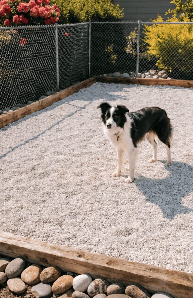 gravel surface dog run bordered by wooden landscape timbers