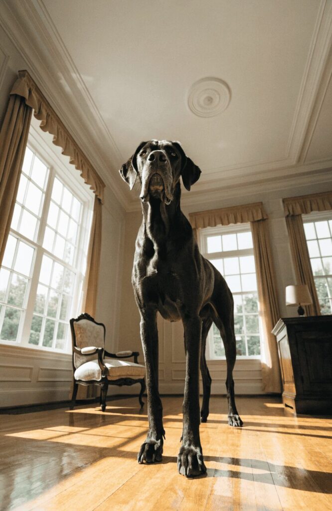 Great Dane solid black towering gentle giant dog indoors