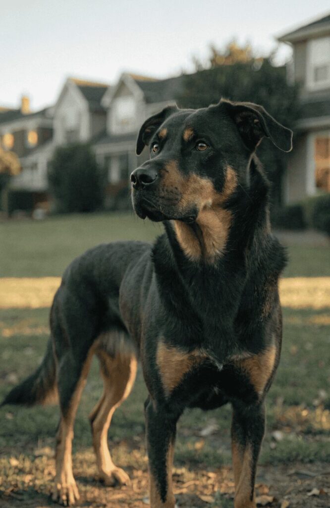 calm alert guard dog scanning surroundings with focused eyes