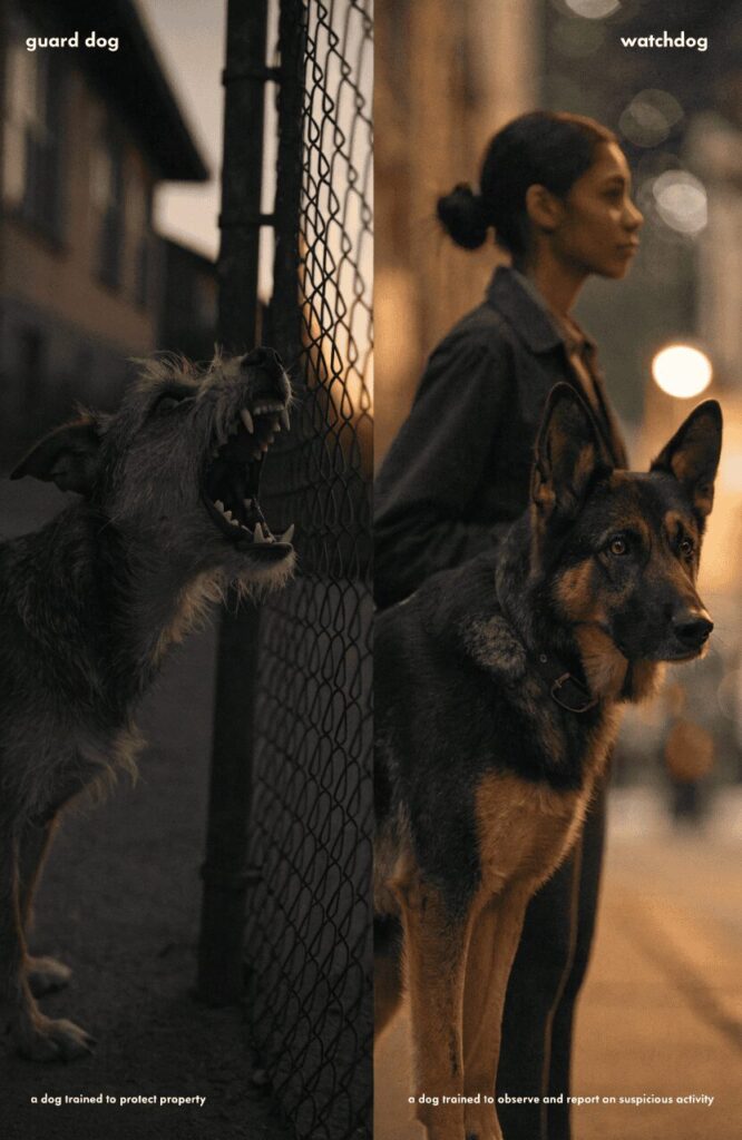 real-life comparison of watchdog alert barking versus guard dog protective stance beside a woman