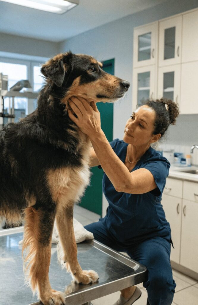 vet examining large mixed breed dog health check