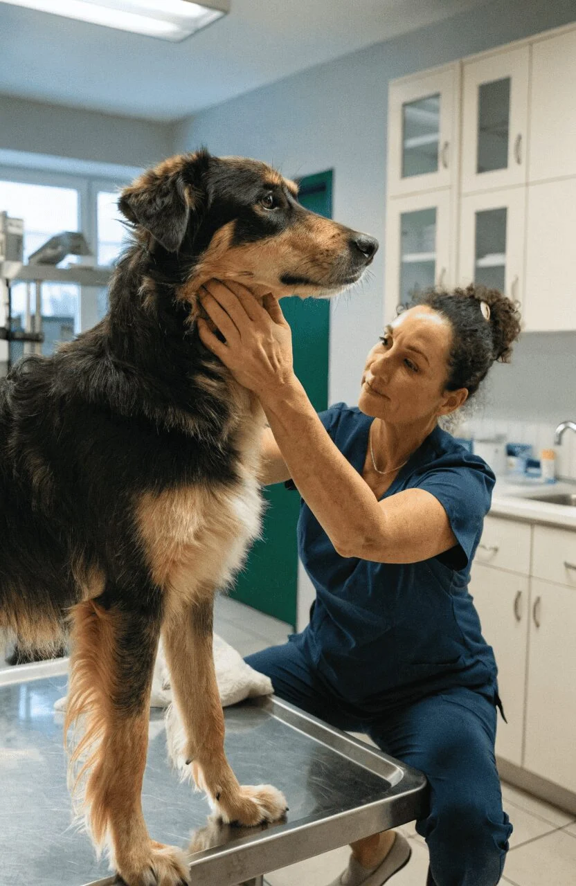 vet examining large mixed breed dog health check