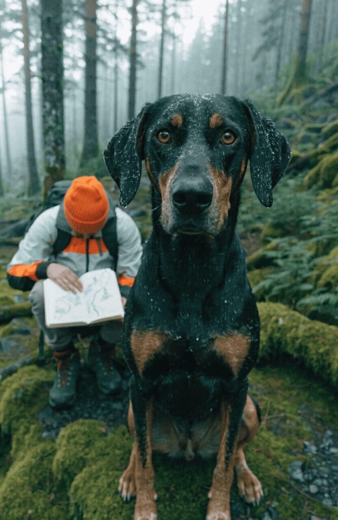 expert hiker assessing dog stamina and paw durability on a misty forest trail