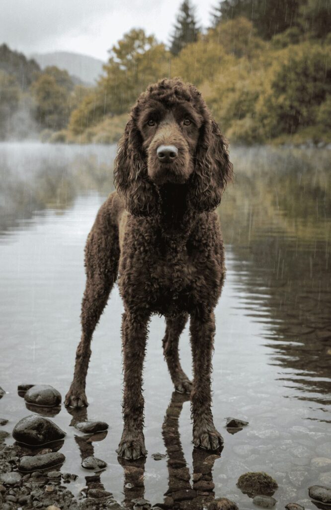 Irish Water Spaniel dark curly brown coat