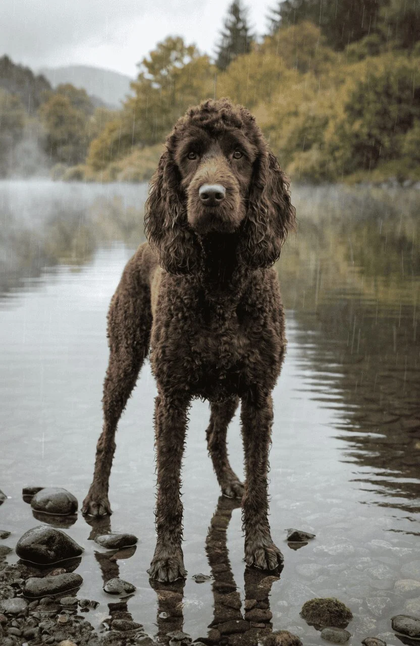 Irish Water Spaniel dark curly brown coat