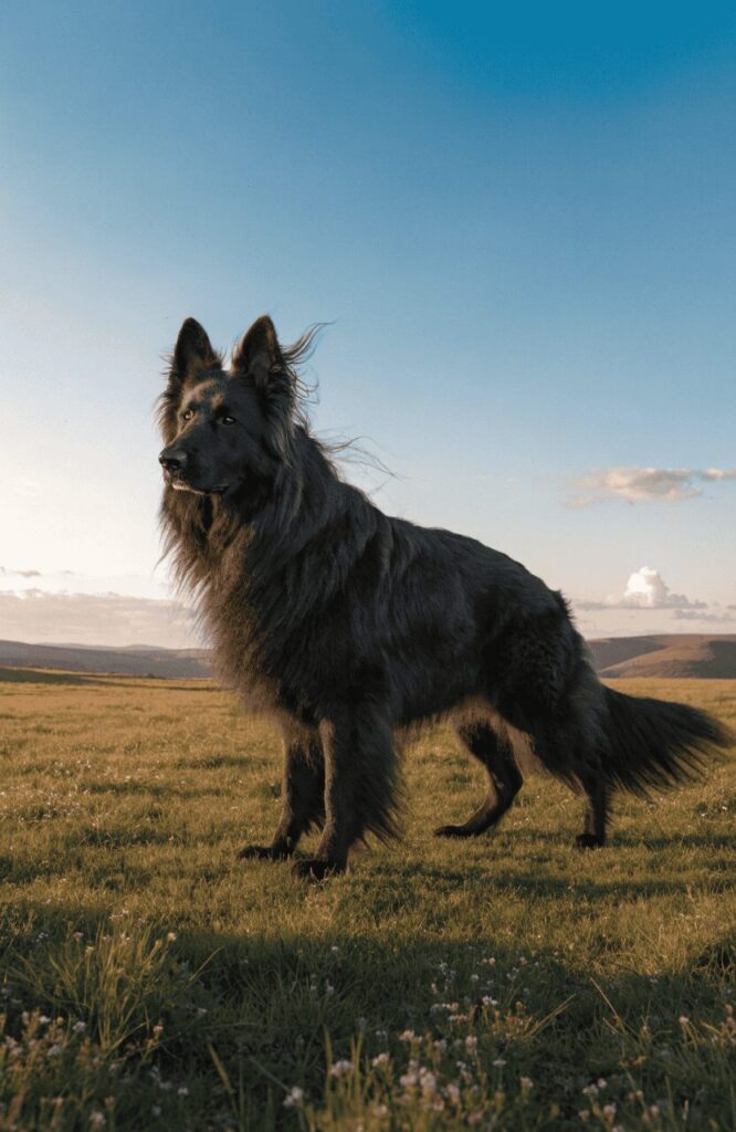 long coated black German Shepherd full flowing fur in open field