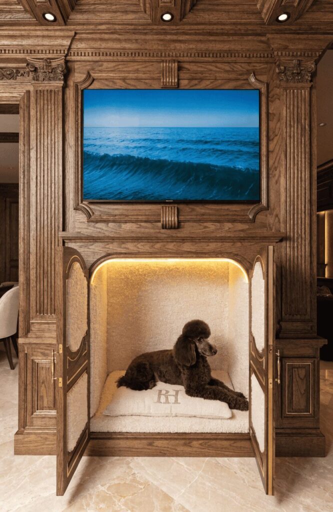 luxury built in dog kennel entertainment center with integrated lighting