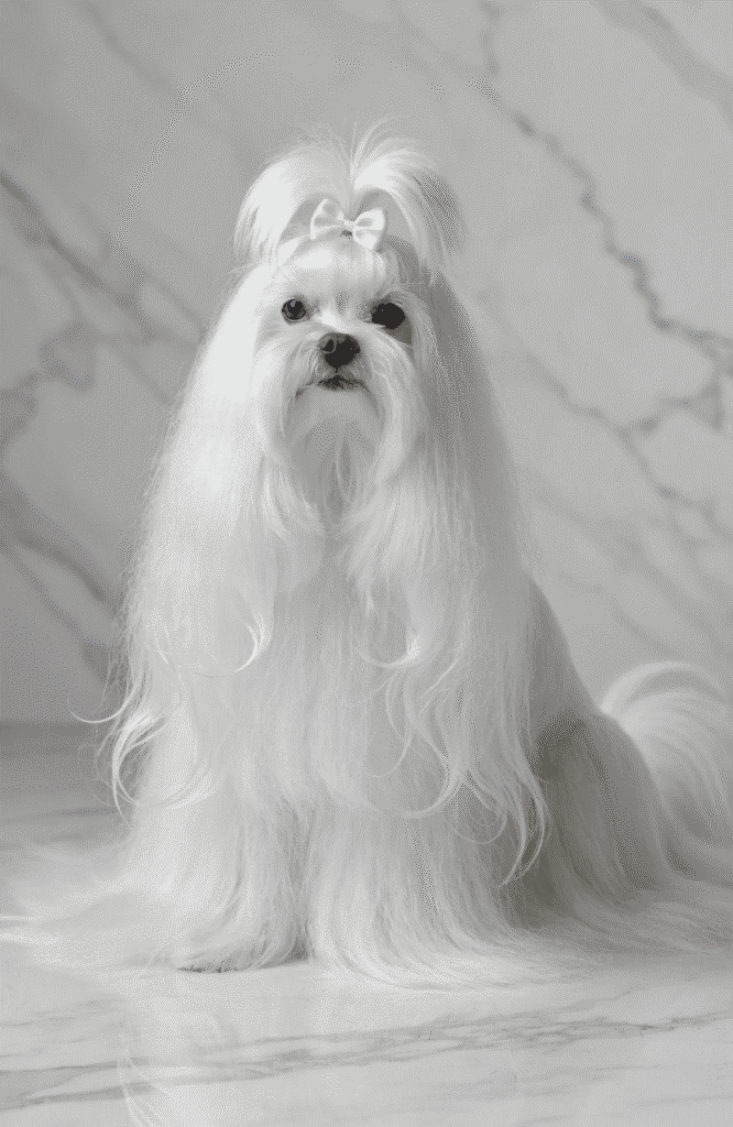 Maltese dog with long white silky hair coat