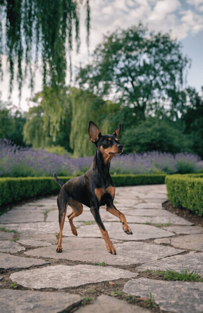 Miniature Pinscher trotting proudly along stone garden path