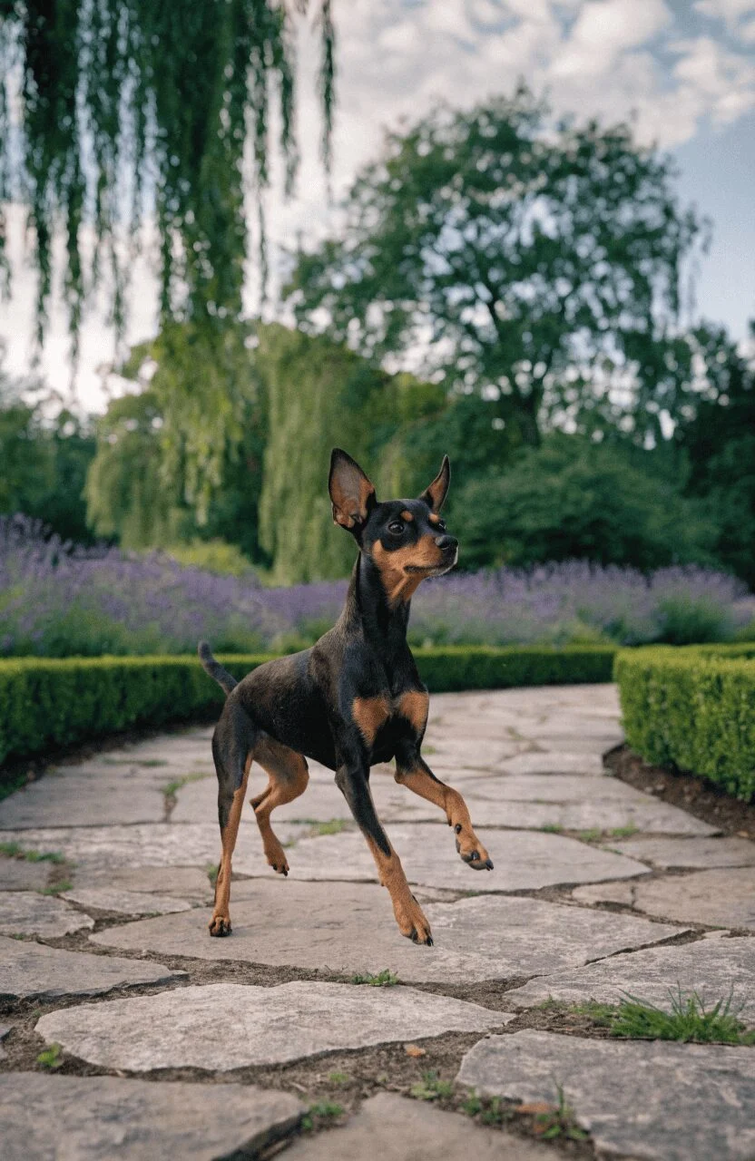 Miniature Pinscher trotting proudly along stone garden path