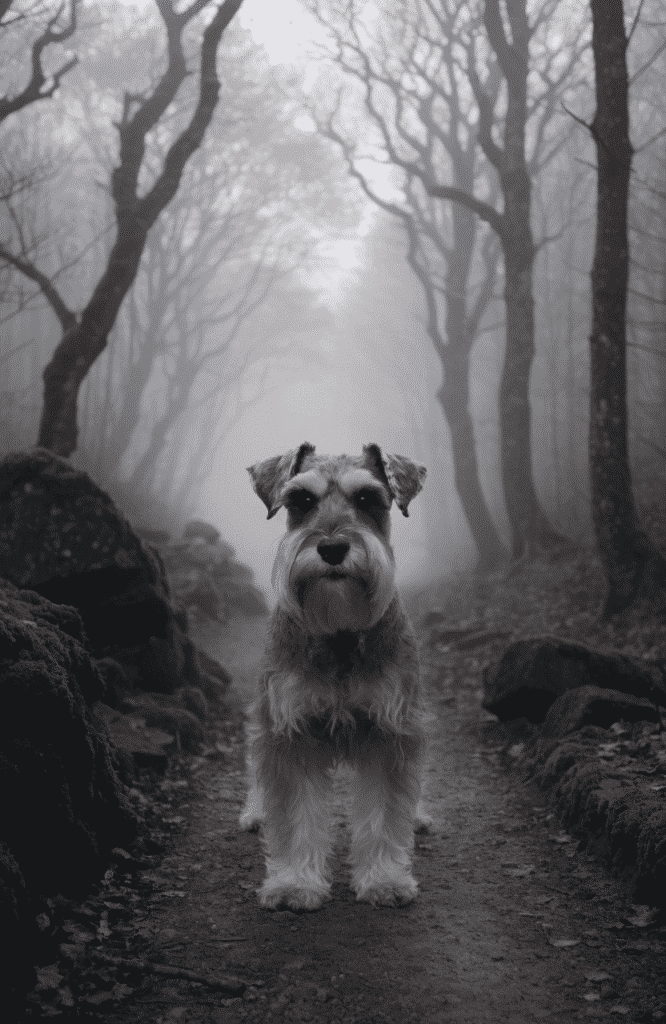 Miniature Schnauzer in morning fog on a woodland trail as an all-weather compact hiking dog