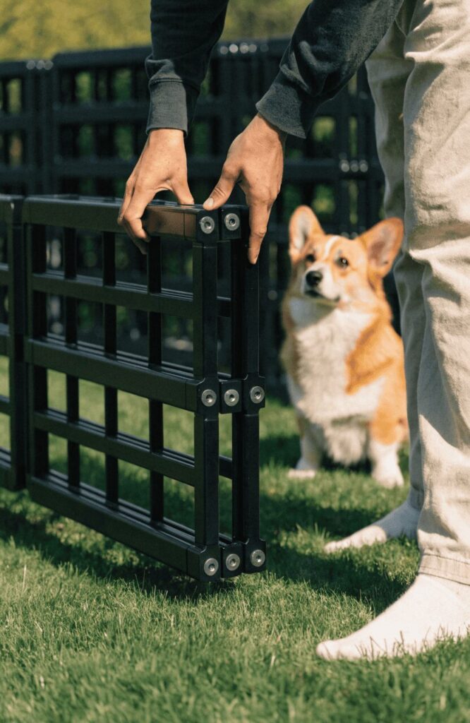 hands assembling modular dog run panels with dog watching nearby