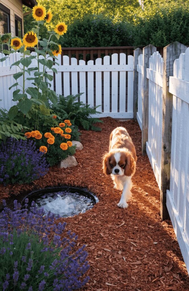 naturally landscaped dog run bordered with dog-safe lavender and marigolds