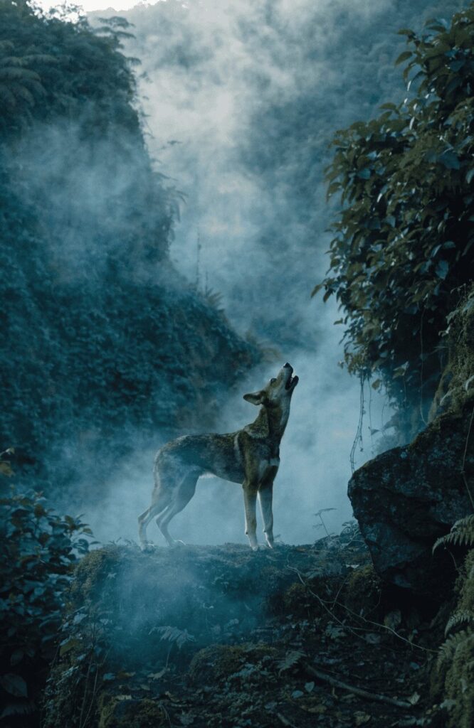 new guinea singing dog howling on misty highland ridge
