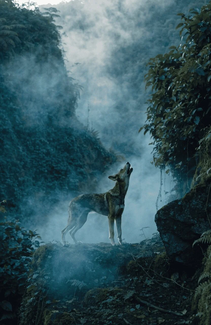 new guinea singing dog howling on misty highland ridge
