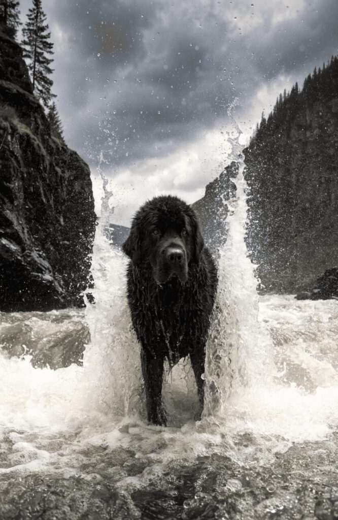 giant black Newfoundland dog historic water rescue mountain