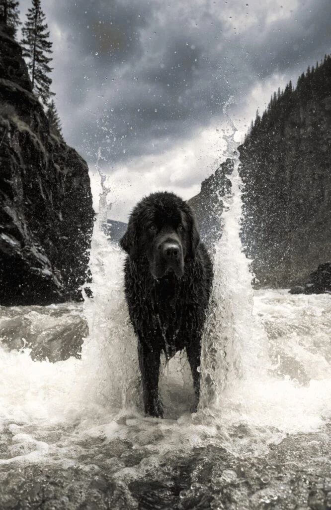 giant black Newfoundland dog historic water rescue mountain