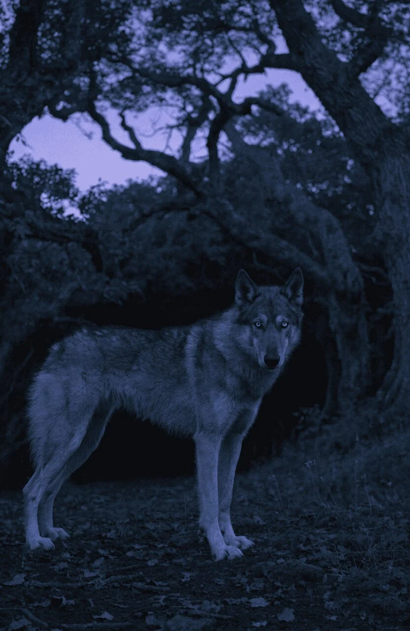 Northern Inuit dog at dusk in dark fantasy woodland lighting resembling a direwolf