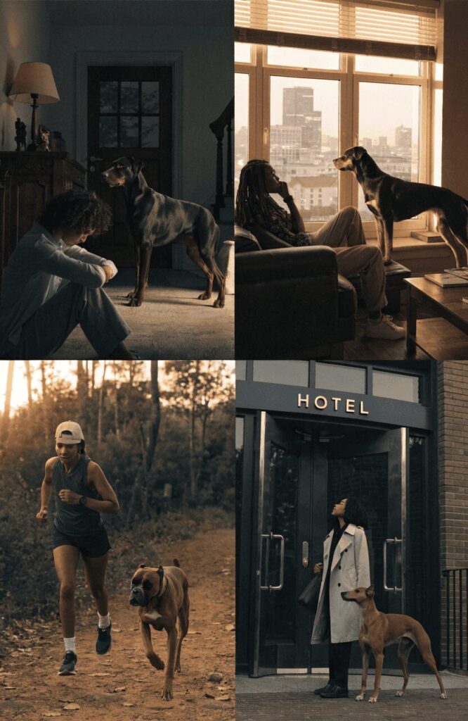 protection dog breeds protecting women in four different realistic daily life situations