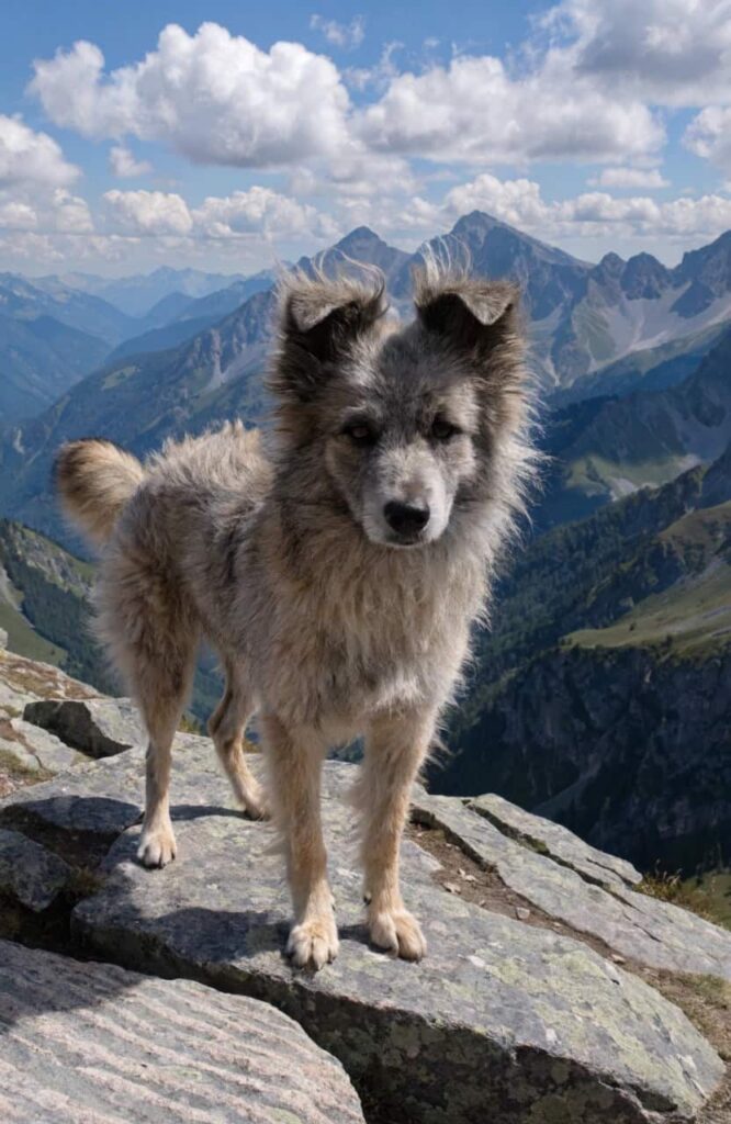 Pyrenean Shepherd small shaggy dog with windswept mountain coat