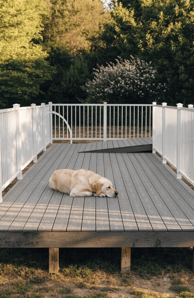 senior Labrador resting on a raised composite deck dog run platform
