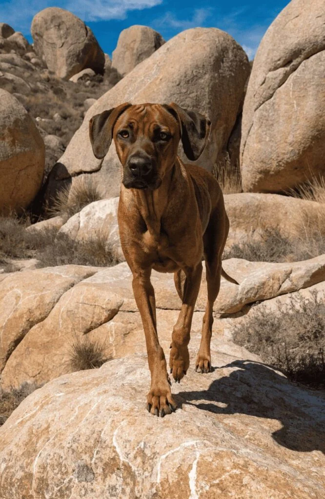 Rhodesian Ridgeback hiking on a hot rocky desert trail built for warm weather and rugged terrain