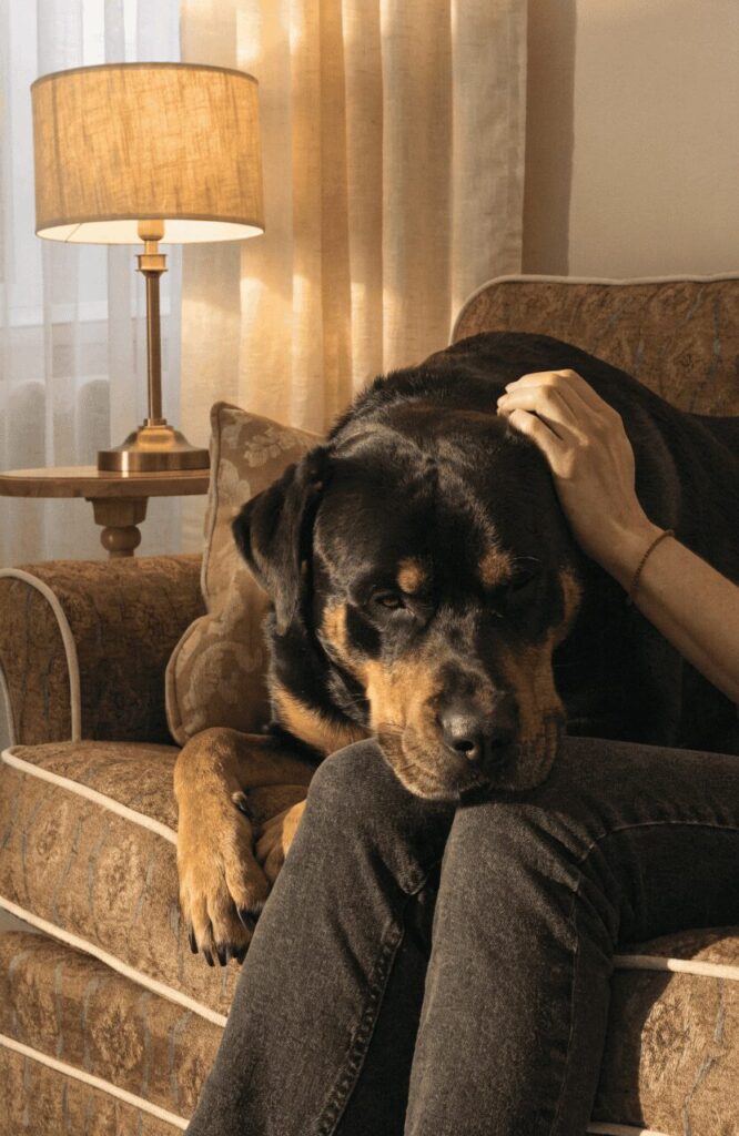 calm gentle Rottweiler resting head on owners lap sofa