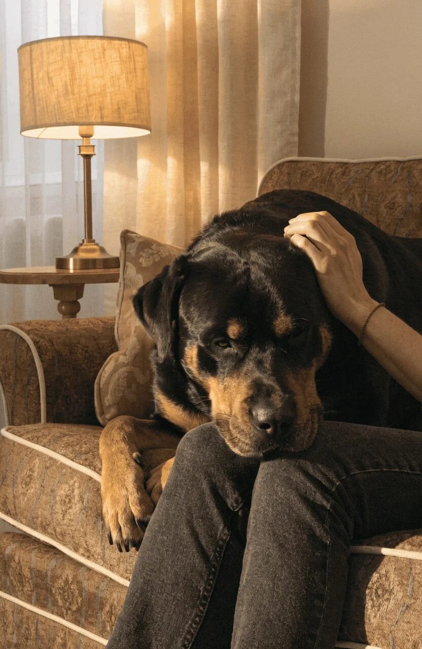 calm gentle Rottweiler resting head on owners lap sofa