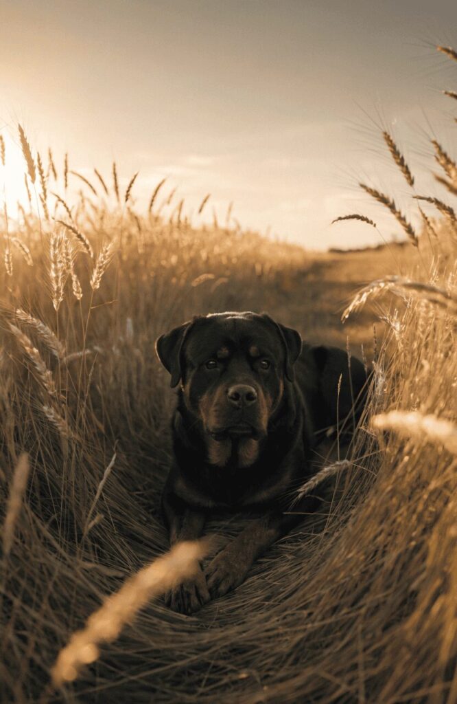 calm Rottweiler watchful in golden afternoon field