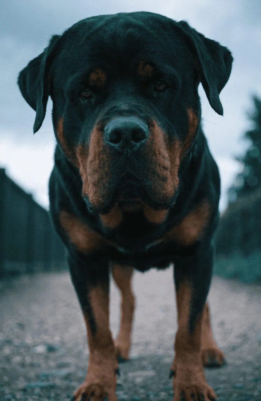 powerful Rottweiler photographed from ground level filling the frame with its massive chest and head on a path