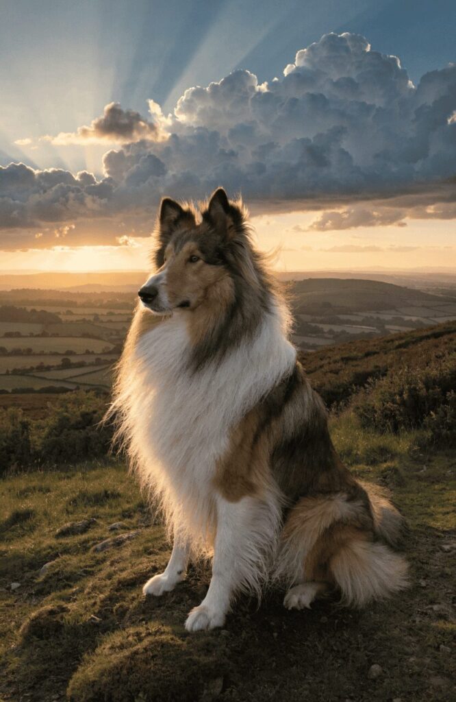 Rough Collie long-haired dog breed at golden hour sunset