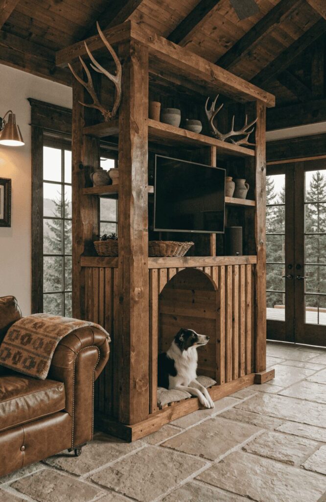 rustic wood entertainment center with dog kennel and natural timber finish