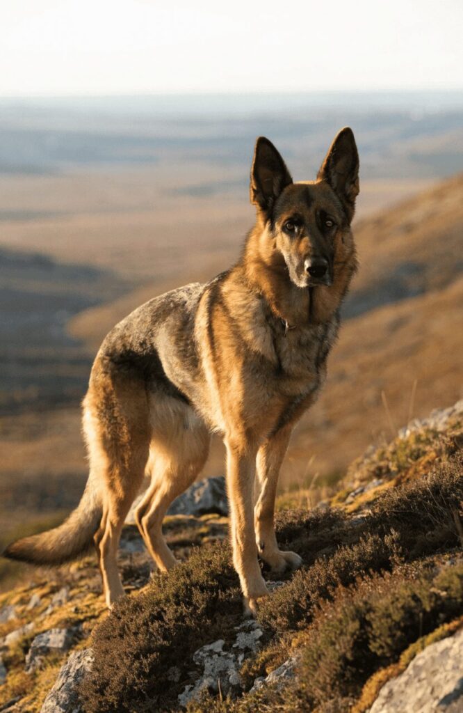 Sable German Shepherd on rocky hillside with wolf-like features