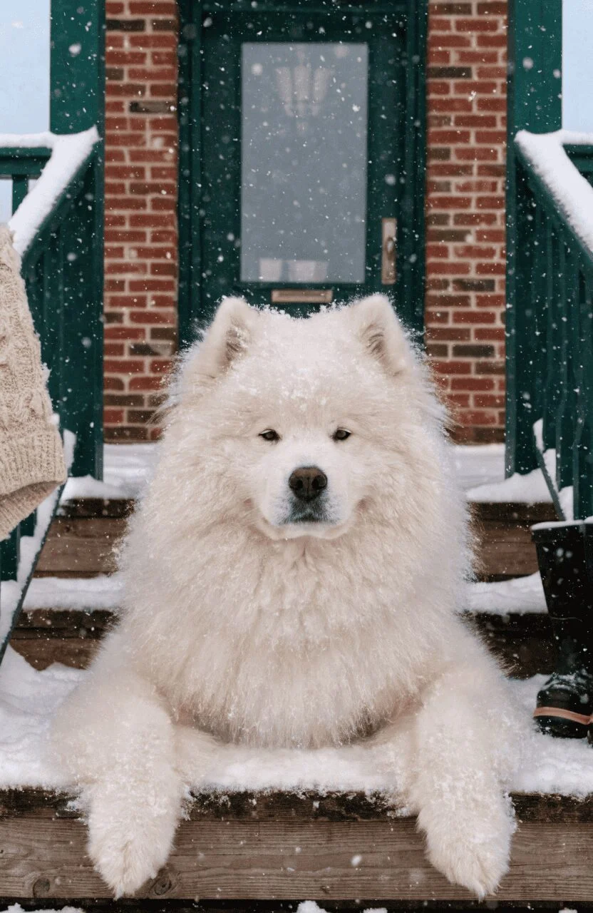 fluffy white Samoyed with soft pointy ears smiling on porch