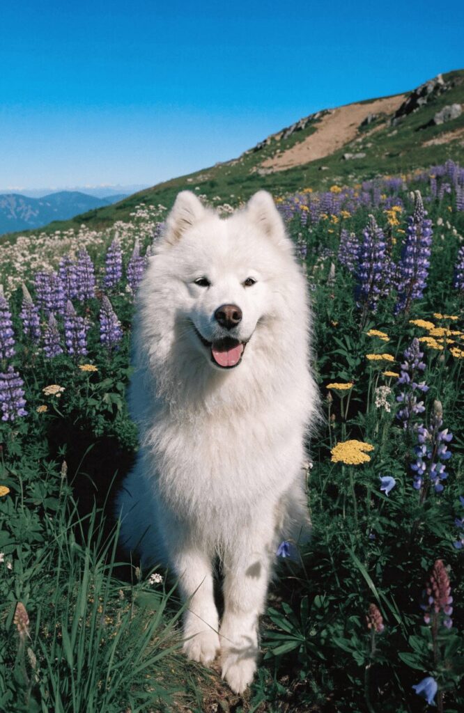 White Samoyed sitting in high mountain meadow surrounded by summer wildflowers