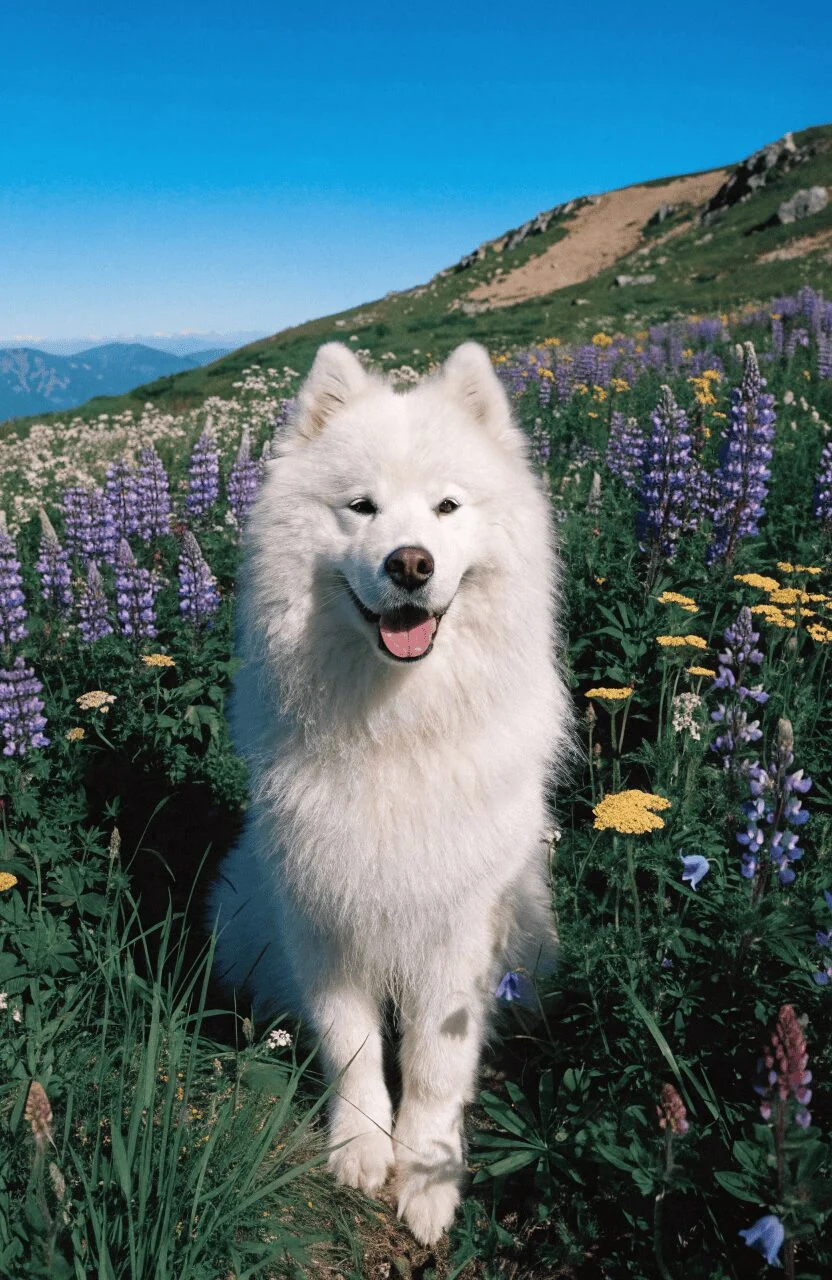White Samoyed sitting in high mountain meadow surrounded by summer wildflowers