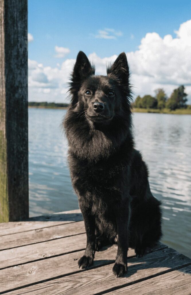 Schipperke small curious black dog with thick mane
