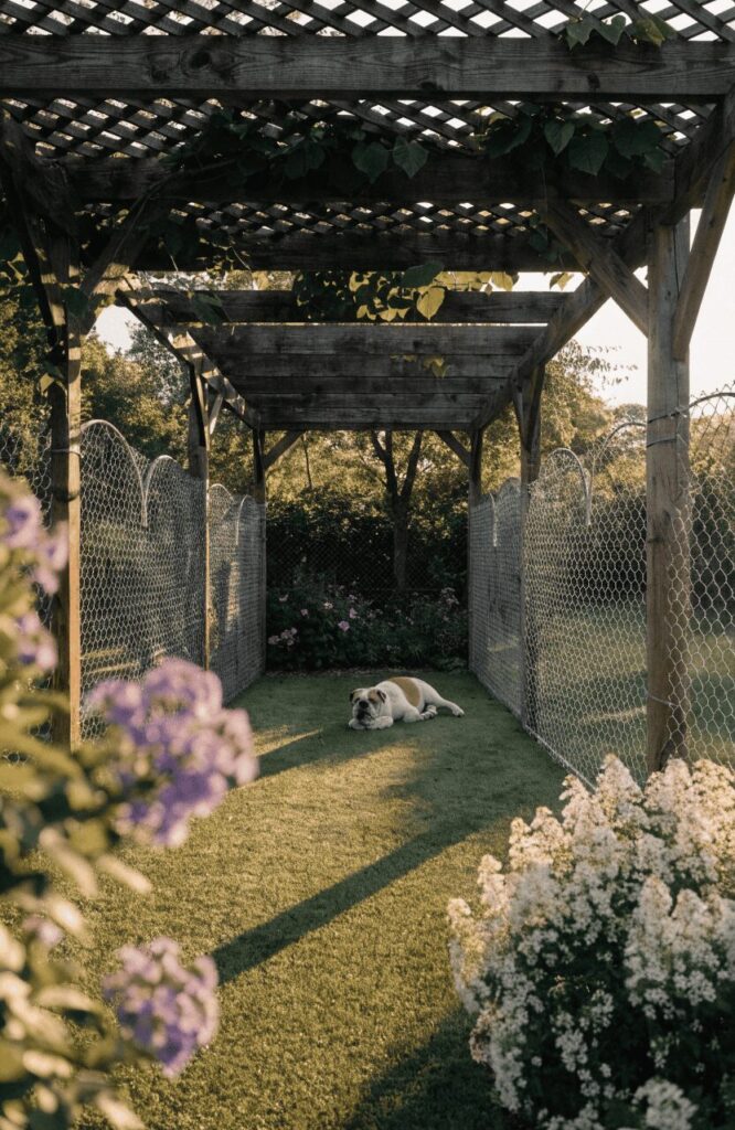 shaded pergola dog run for summer backyard with climbing vines