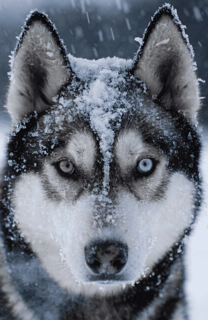Siberian Husky with erect ears and striking eyes close up