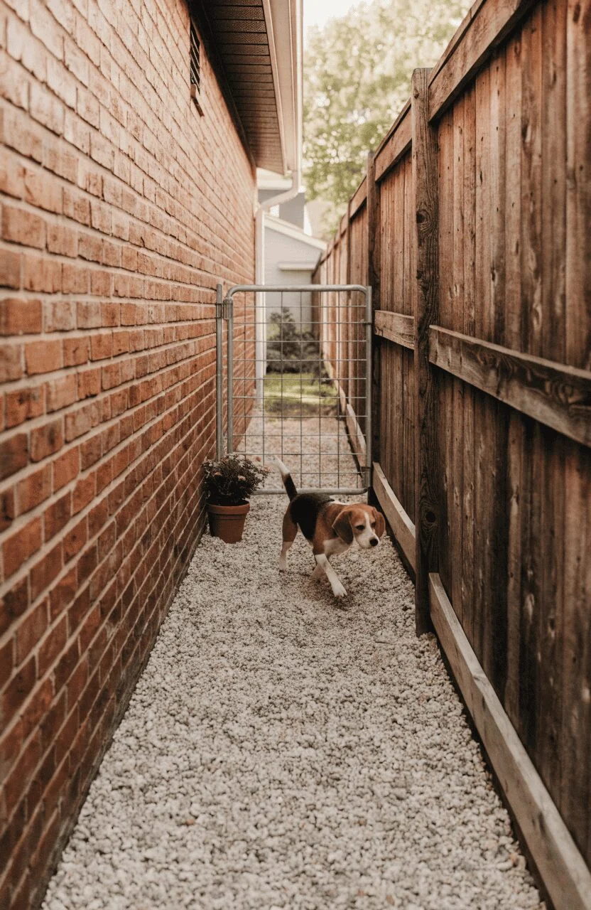 side yard corridor dog run using house wall and existing fence