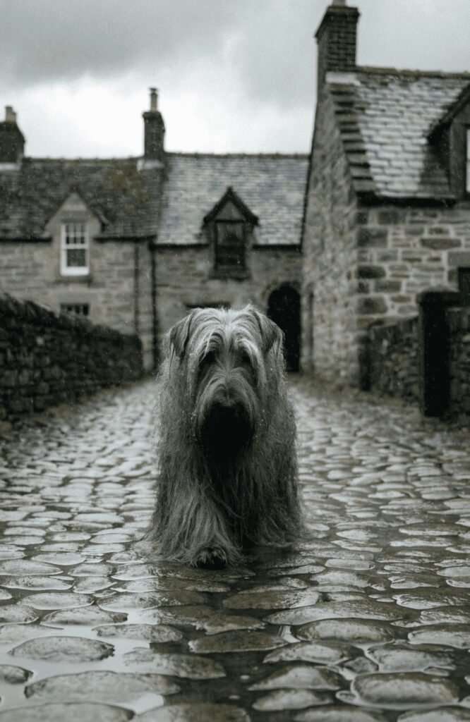 Skye Terrier long floor-length coat on cobblestone street