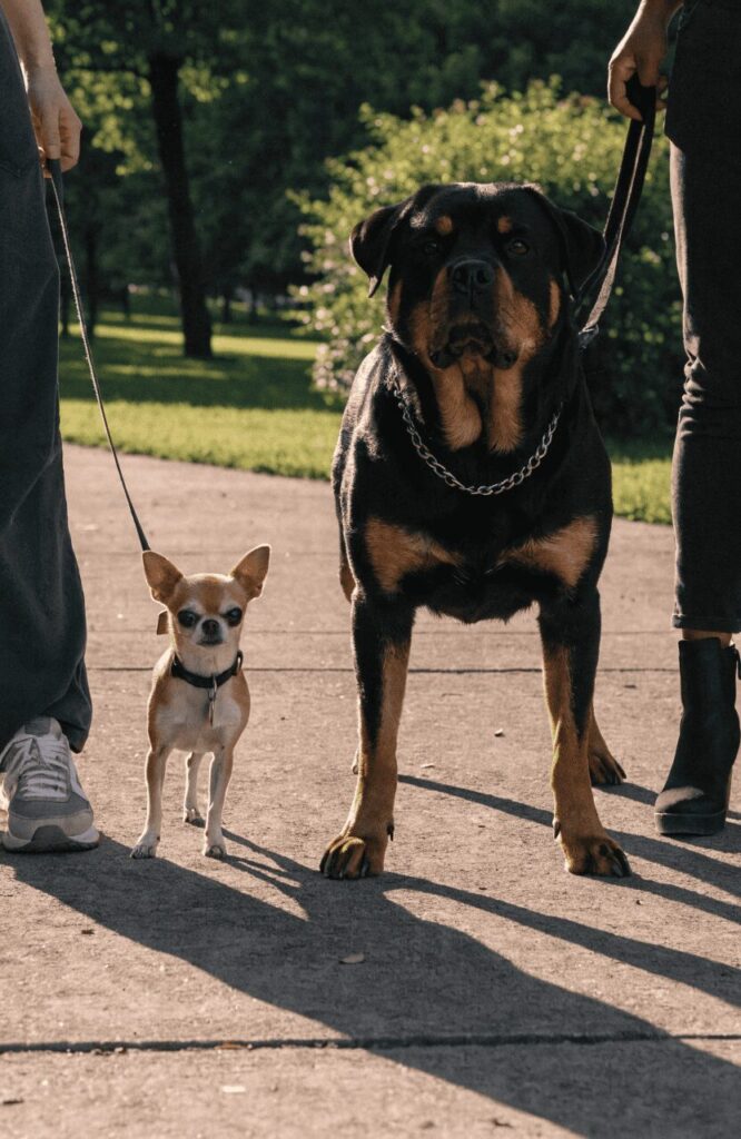 small dog and large dog together realistic park photo