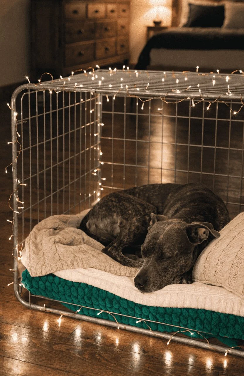 soft lighting inside dog kennel real photo