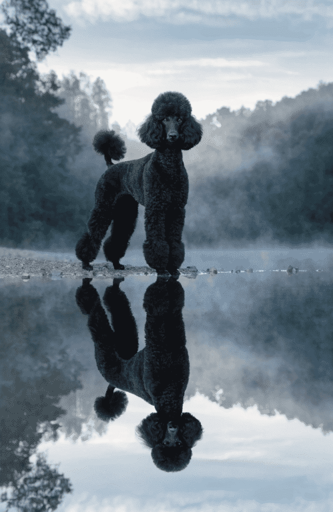 elegant black Standard Poodle reflected in still lake water